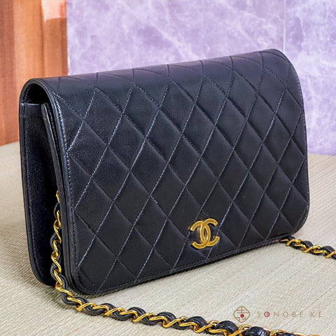 CHANEL Matelasse Full Flap Chain Shoulder Bag Clutch Black Quilted Lambskin 【S】