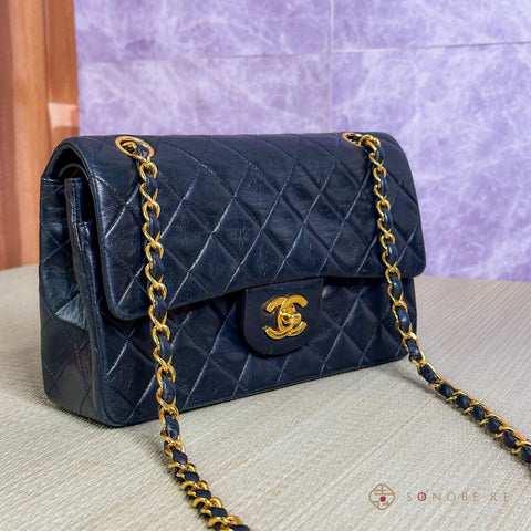 Chanel Matelasse Lambskin Double Flap Double Chain Bag Black Gold Metal 【S】