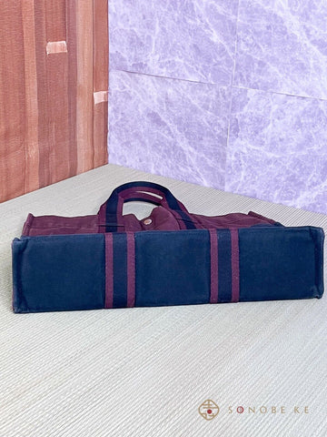 HERMES Fourre Tout MM Hand Tote Bag Canvas Bordeaux Black 【B】