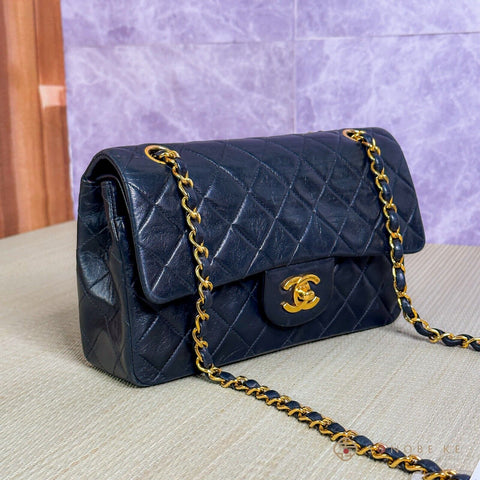 Chanel Matelasse Lambskin Double Flap Double Chain Bag Black Gold Metal 【S】