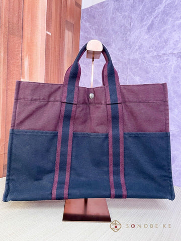 HERMES Fourre Tout MM Hand Tote Bag Canvas Bordeaux Black 【B】