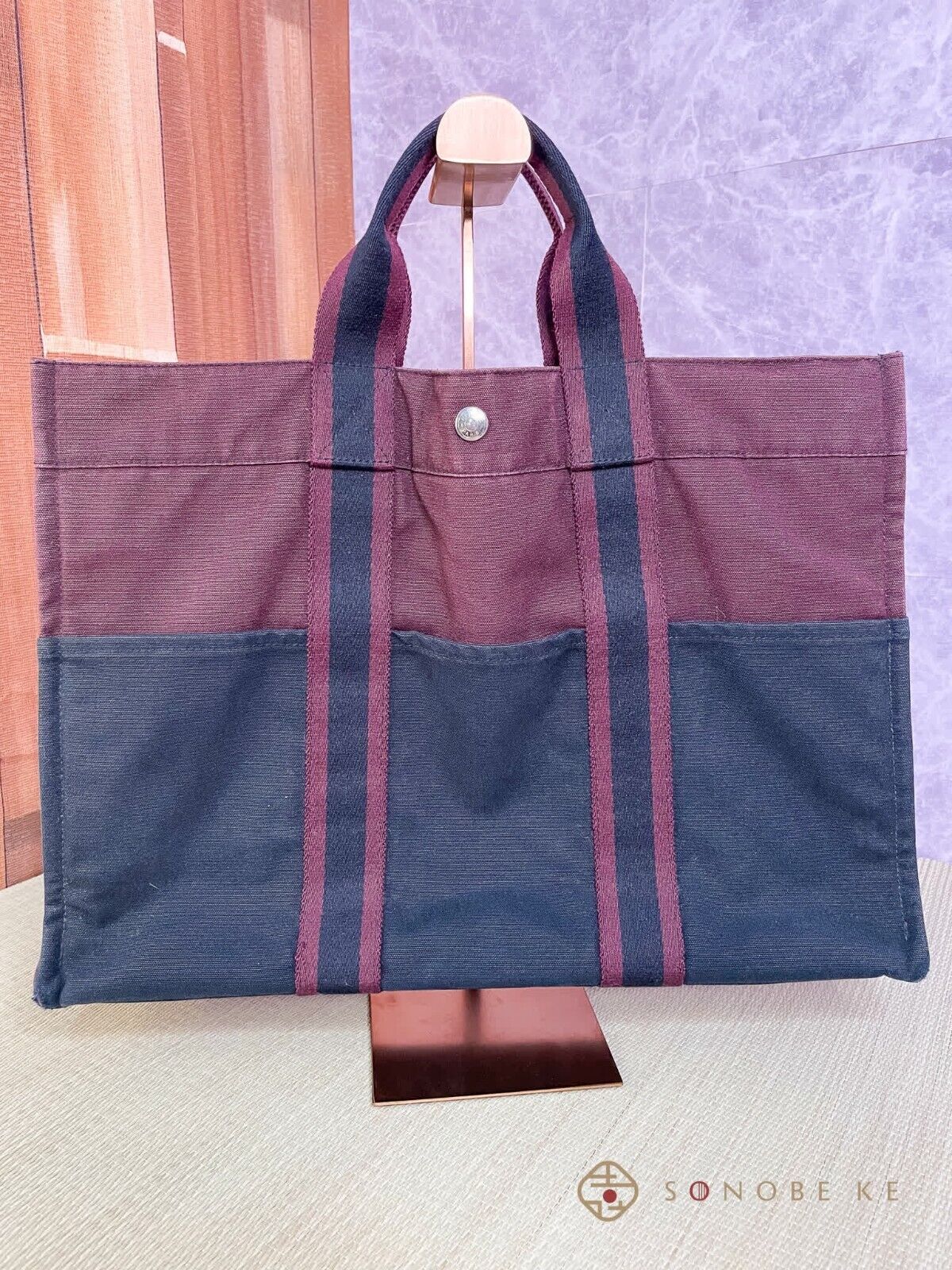 HERMES Fourre Tout MM Hand Tote Bag Canvas Bordeaux Black 【B】