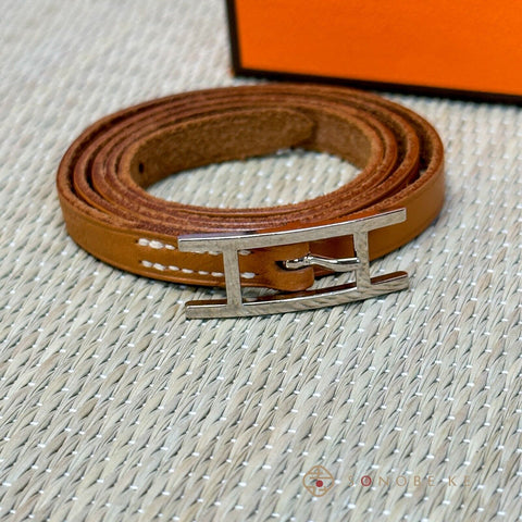 HERMES Api Ⅲ Wrap Long Bracelet Bangle Choker Leather Brown Accessory 【A】