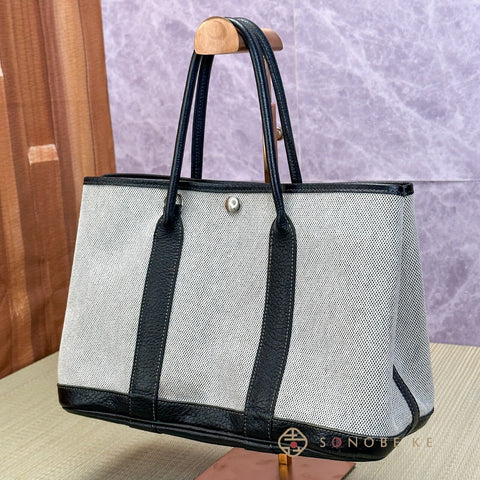 Hermes Garden Party 30 TPM Toile&Leather White × Black Tote【S】