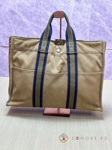 HERMES Fourre Tout MM Hand Tote Bag Canvas Khaki Green 【B】