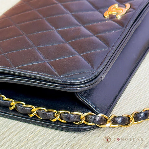 CHANEL Matelasse Full Flap Chain Shoulder Bag Clutch Black Quilted Lambskin 【S】