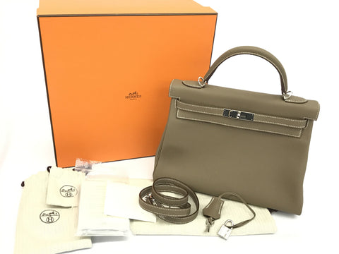 HERMES Kelly Kelly 32 Togo Etoupe SV hardware Y carved handbag