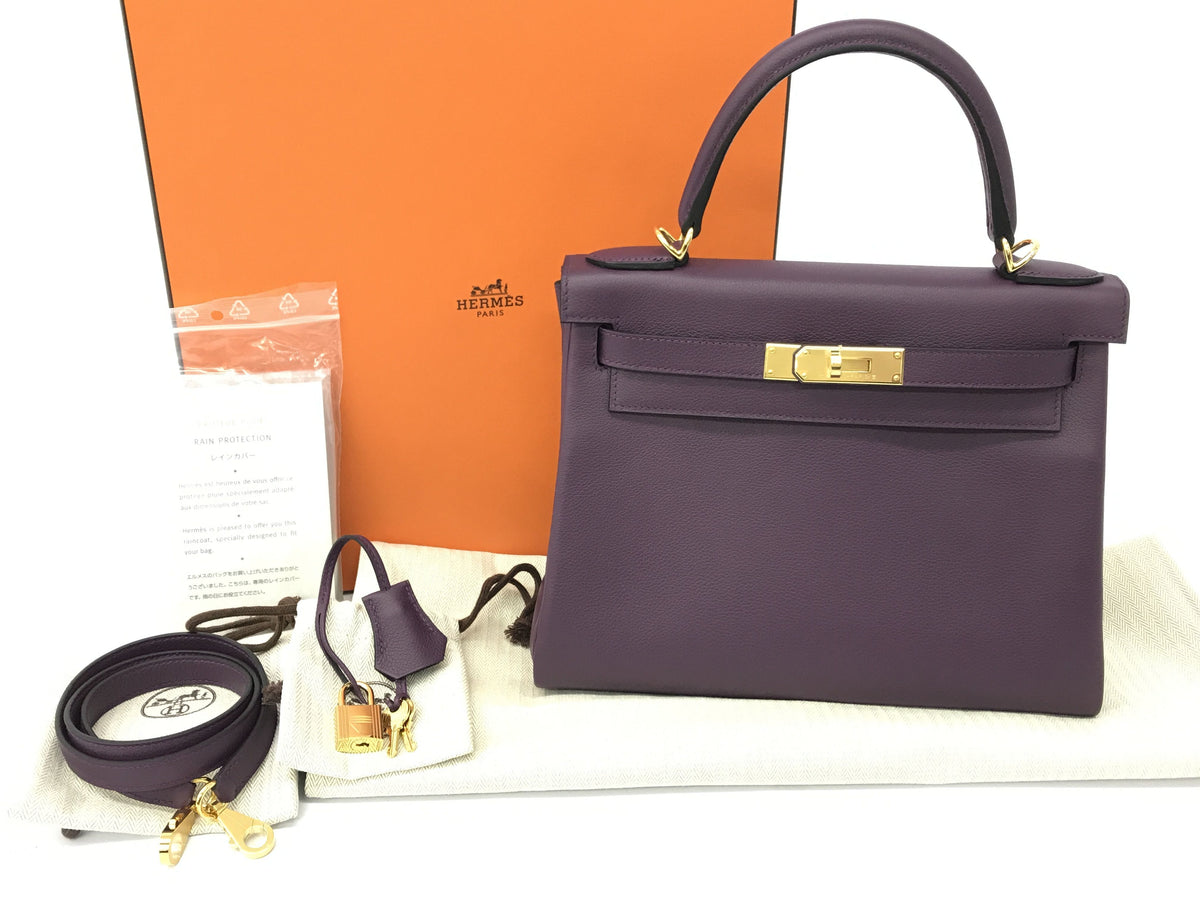 HERMES Kelly Kelly 28 purple gold metal fittings EVERCOLOR U engraving handbag