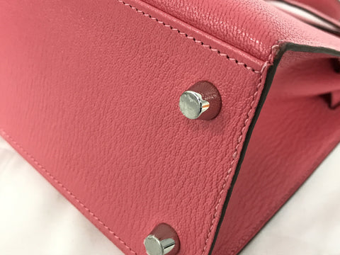 HERMES Kelly Kelly 25 Chevre Rose Azare Silver Hardware Handbag