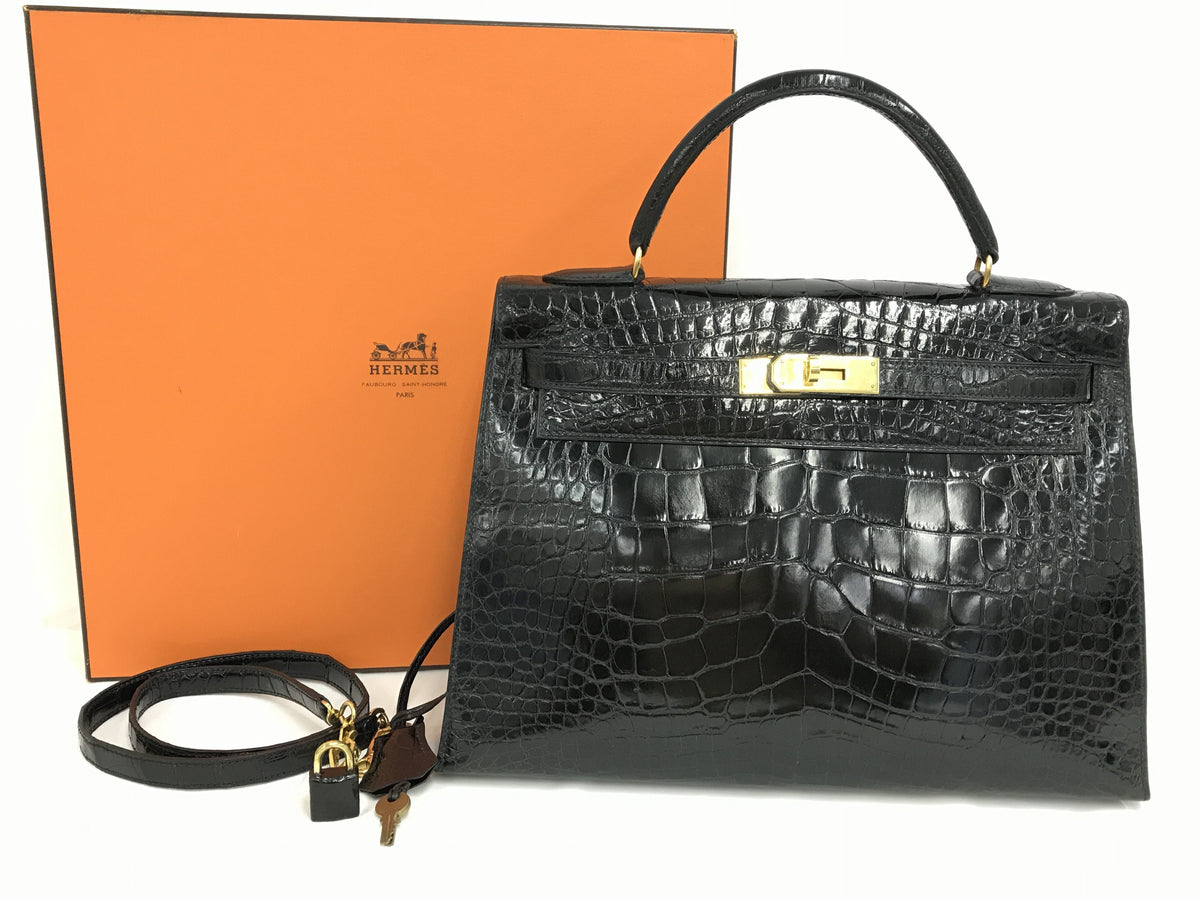 HERMES Kelly Kelly 32 alligator GD metal fittings ○S ST attaching black shine handbag