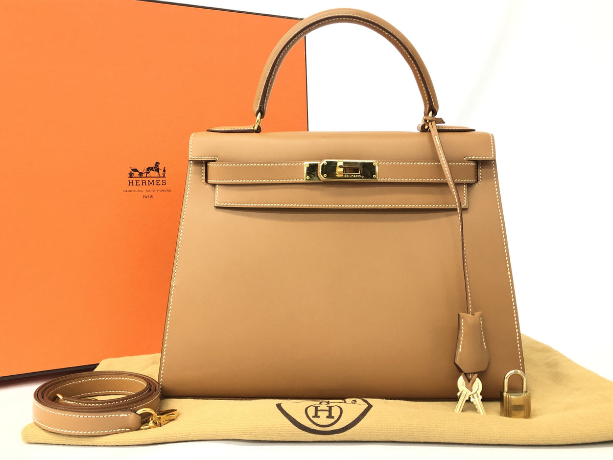 HERMES Kelly Kelly 28 box calf beige GD metal fittings 〇V carved handbag