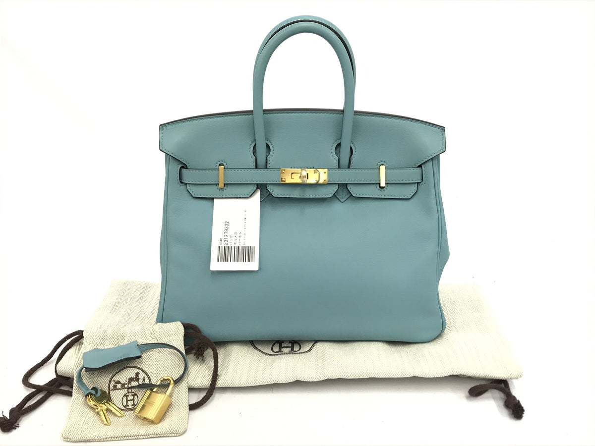 HERMES Birkin Birkin 25 Blue Atoll X Engraved Gold Hardware Swift Handbag