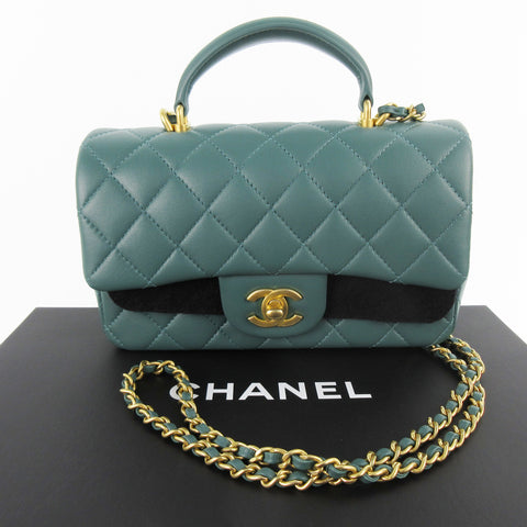 CHANEL Mini Matelasse Top Handle Mini Flap Bag Moss Green Green Antique Gold Hardware Lambskin AS2431 Random Serial Plate With Protective Seal Unused Shoulder Bag