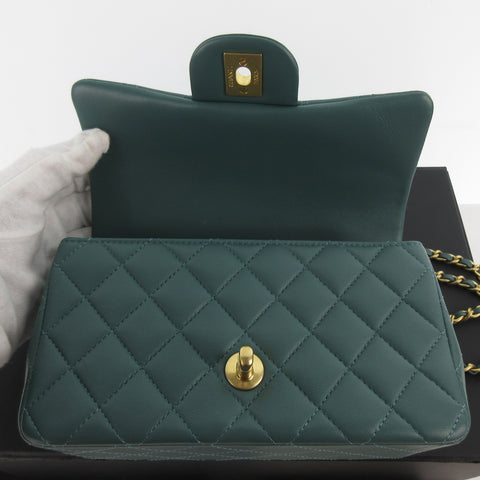 CHANEL Mini Matelasse Top Handle Mini Flap Bag Moss Green Green Antique Gold Hardware Lambskin AS2431 Random Serial Plate With Protective Seal Unused Shoulder Bag