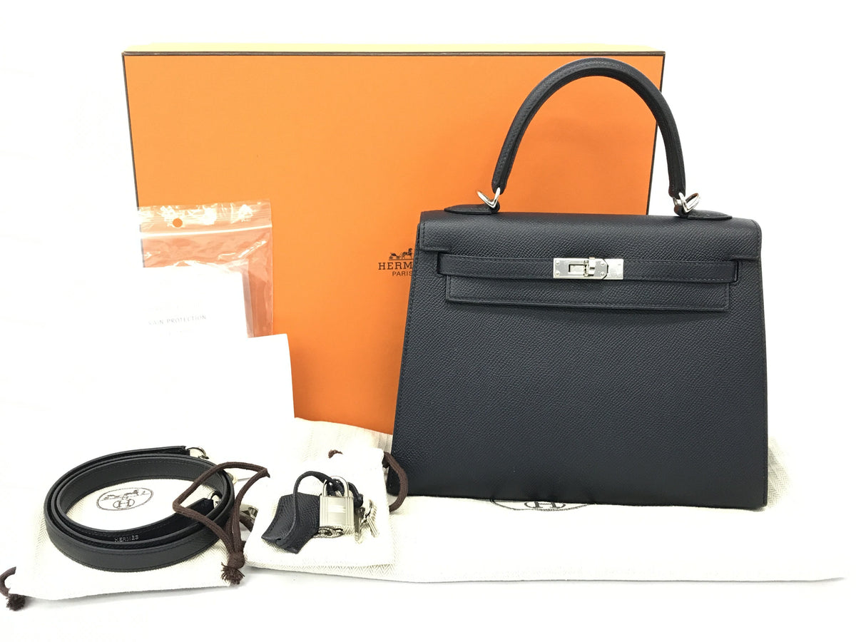 HERMES Kelly Kelly 25 outside stitching Blue Nui silver metal fittings Ebson Y engraving handbag