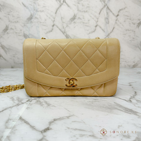 Chanel Diana Single flap matelasse beige Lambskin Chain Shoulder Bag CC Logo No.2 【A】