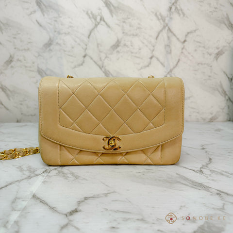 Chanel Diana Single flap matelasse beige Lambskin Chain Shoulder Bag CC Logo No.2 【A】