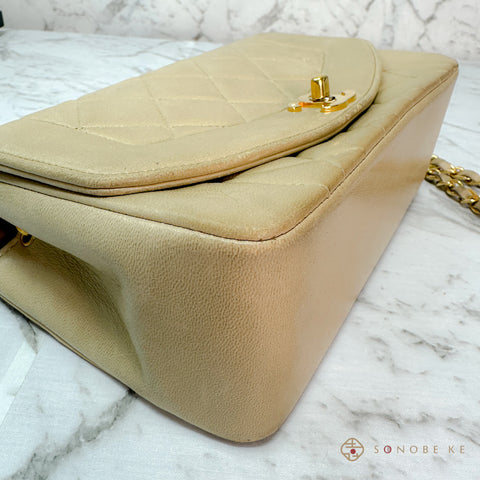 Chanel Diana Single flap matelasse beige Lambskin Chain Shoulder Bag CC Logo No.2 【A】