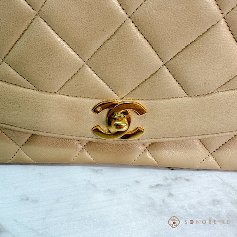 Chanel Diana Single flap matelasse beige Lambskin Chain Shoulder Bag CC Logo No.2 【A】