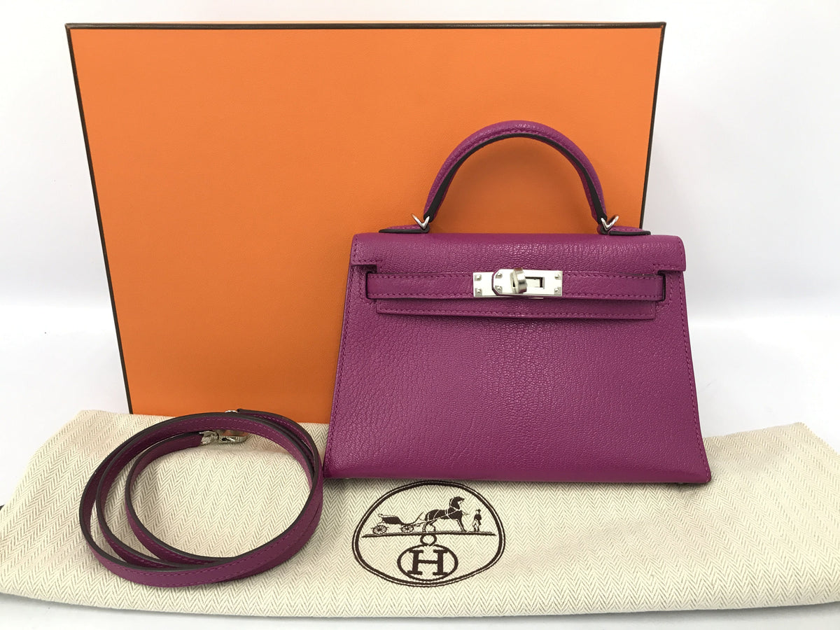 HERMES Kelly Mini Kelly Rose Purple C Engraved Silver Hardware Chevre Handbag