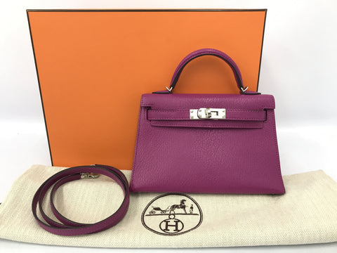 HERMES Kelly Mini Kelly Rose Purple C Engraved Silver Hardware Chevre Handbag
