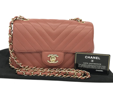 CHANEL V Stitch Mini Flap Bag Gold Hardware Salmon Pink Chevron Shoulder Bag