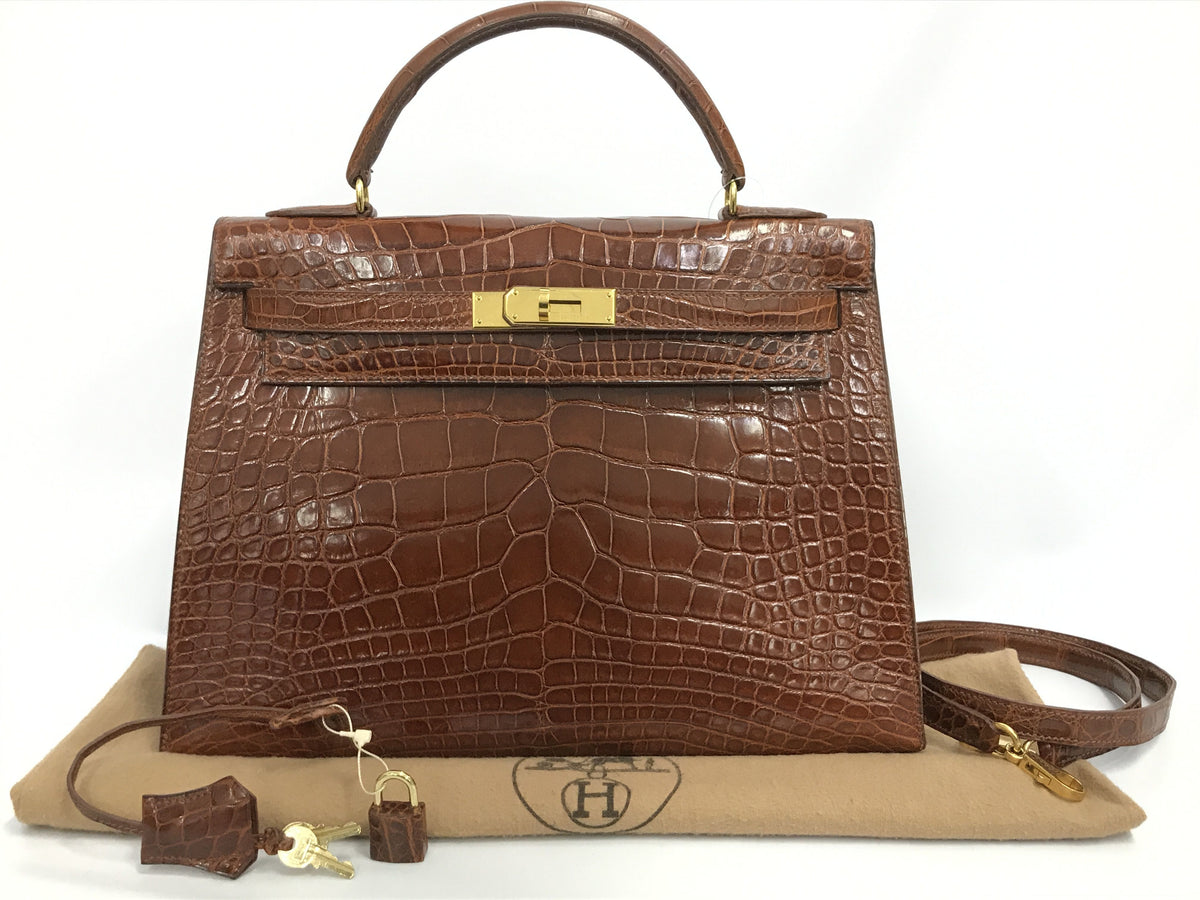 HERMES Kelly Kelly 32 outside stitching brown alligator GP metal fittings handbag