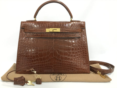 HERMES Kelly Kelly 32 outside stitching brown alligator GP metal fittings handbag