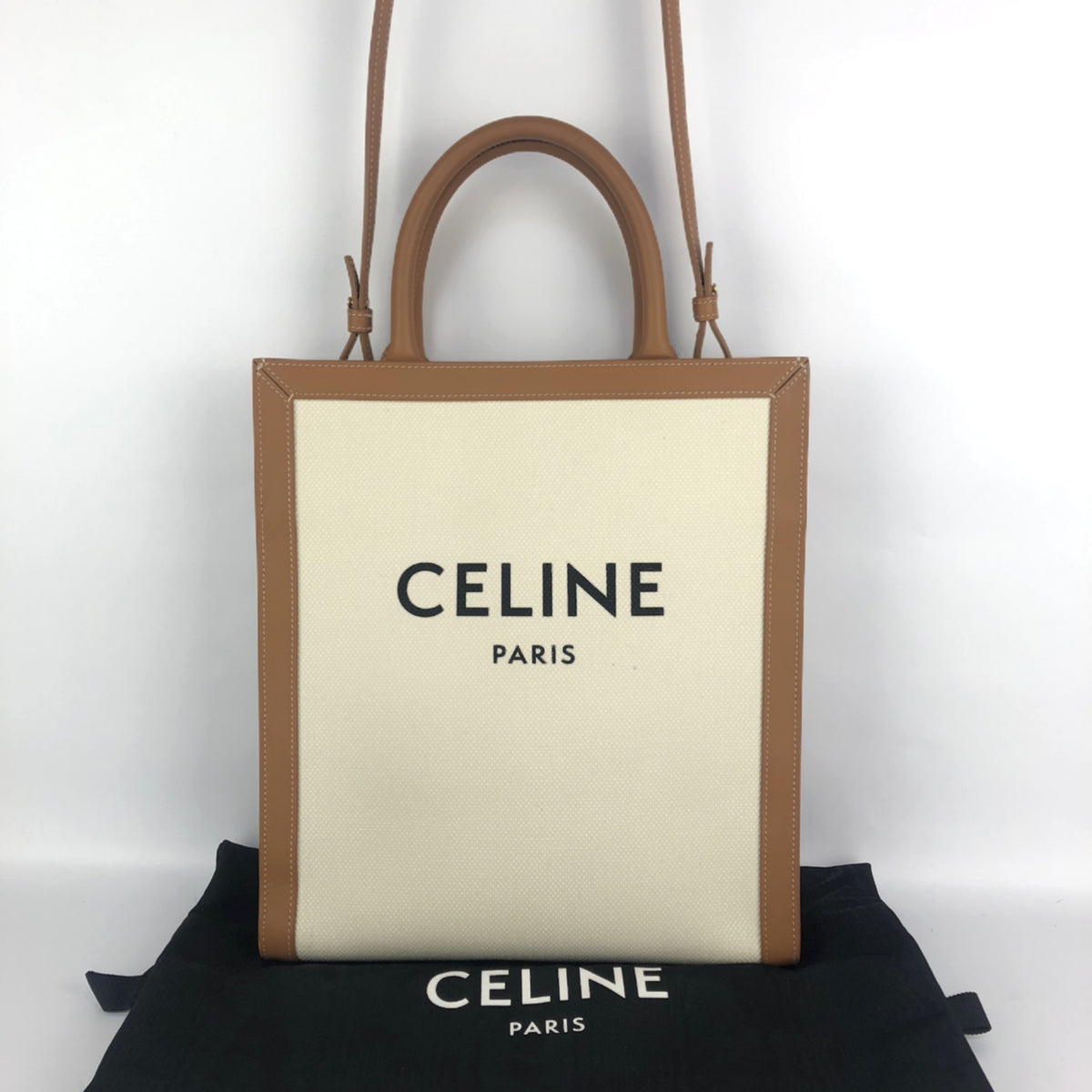 CELINE CELINE Vertical Cover Small Canvas x Leather 2WAY Shoulder Bag Handbag Tan Beige x White Tote Bag