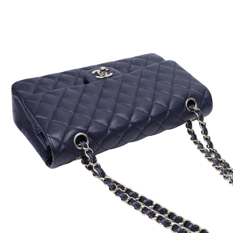 CHANEL W Flap Double Flap Caviar Skin Silver Hardware Navy Shoulder Bag