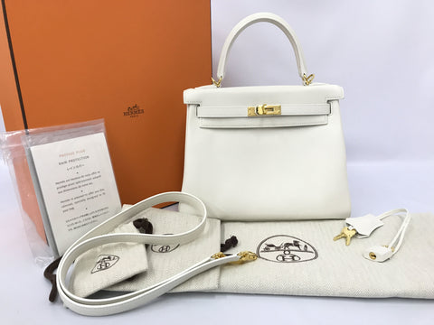 HERMES Kelly Kelly 25 White Swift GD hardware Y carved handbag