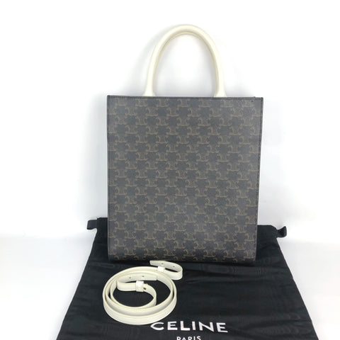 CELINE Vertical Cover Small Triomphe PVC x Leather 2WAY Tote Bag Shoulder Bag Brown x White Tote Bag