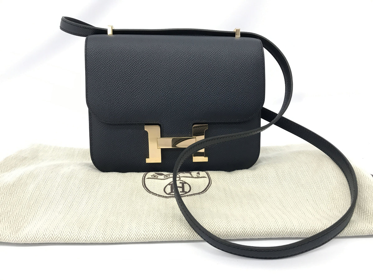 HERMES Constance Mini Vaux Epson Blue Ocean Rose Gold Metal Fitting A Engraved Shoulder Bag