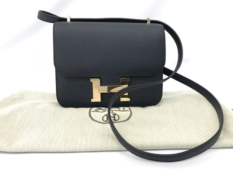 HERMES Constance Mini Vaux Epson Blue Ocean Rose Gold Metal Fitting A Engraved Shoulder Bag