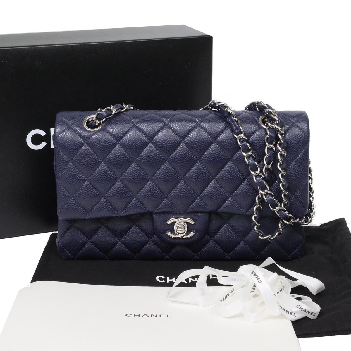 CHANEL W Flap Double Flap Caviar Skin Silver Hardware Navy Shoulder Bag