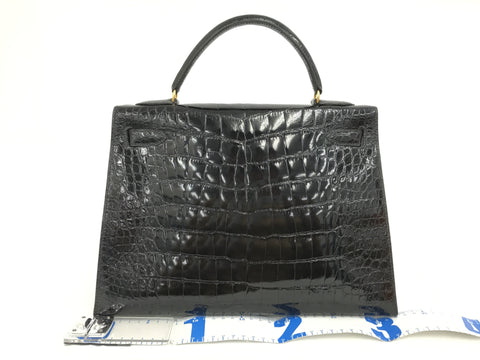 HERMES Kelly Kelly 32 alligator GD metal fittings ○S ST attaching black shine handbag