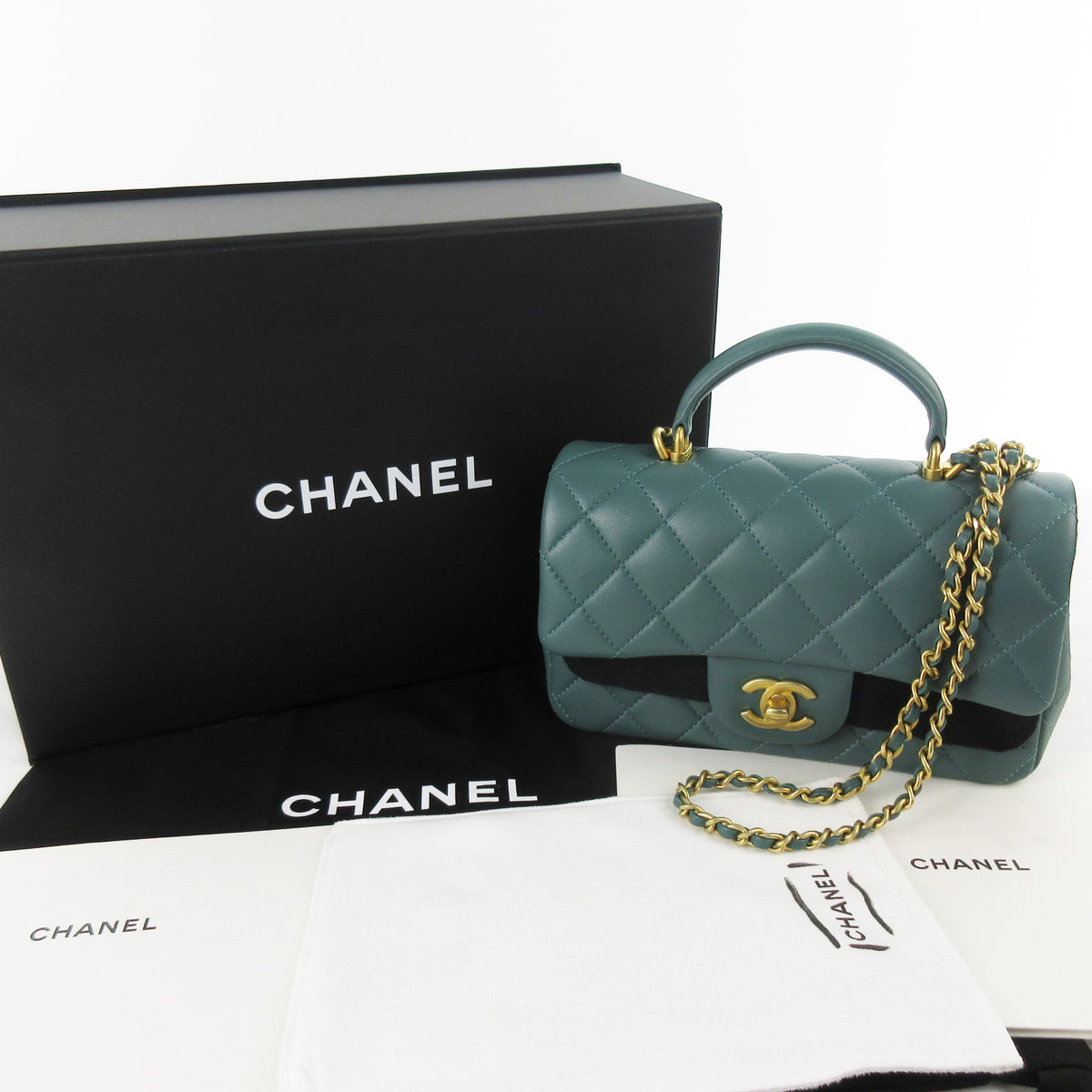 CHANEL Mini Matelasse Top Handle Mini Flap Bag Moss Green Green Antique Gold Hardware Lambskin AS2431 Random Serial Plate With Protective Seal Unused Shoulder Bag